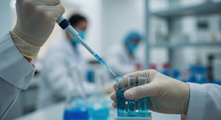A close up of a scientist using a dropper to add liquid to a beaker in a laboratory setting indoors