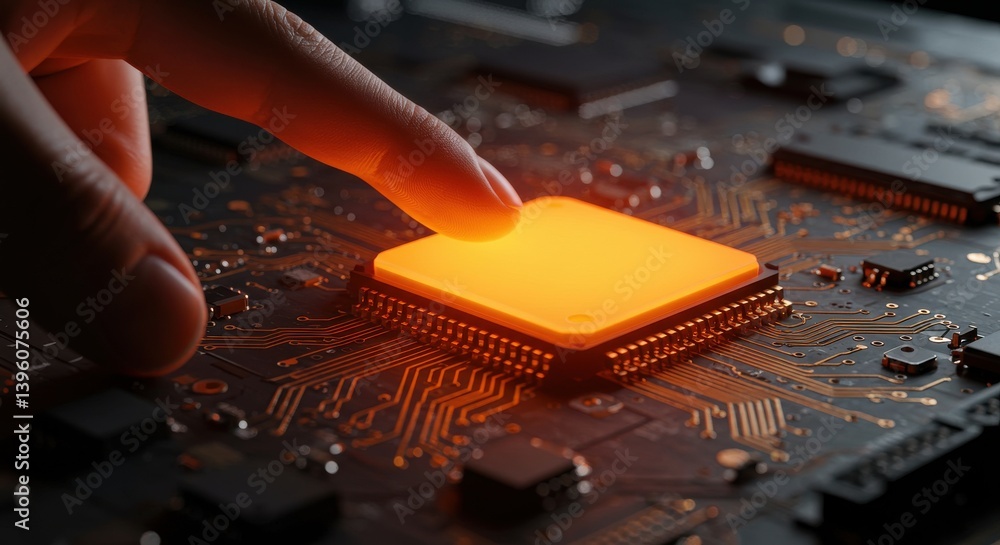 Poster a close up shot showing a hand touching a glowing square object on a dark surface with other compone