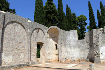 Ancient Stone Walls and Arched Ruins of the Benedictine Monastery of St. Mary in Dubrovnik, Croatia