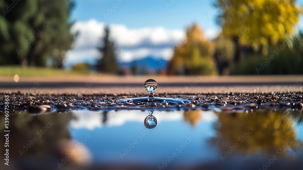 Poster Stunning water droplet reflecting autumn scenery in a tranquil setting : Generative AI
