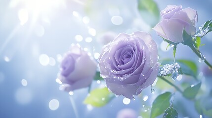 Delicate Lavender Roses with Raindrops Against a Soft Blue Background in Gentle Light : Generative AI