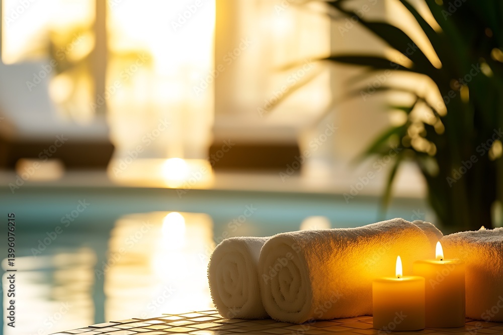 Leinwandbilder luxurious spa setup with rolled towels and glowing candles creating a serene atmosphere : generative