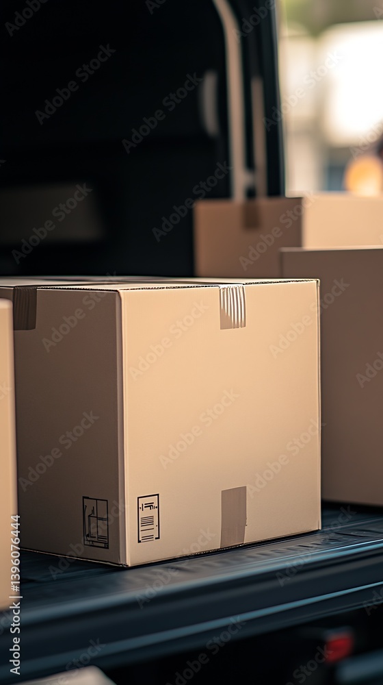 Poster unpacked cardboard boxes stacked in a delivery van waiting for cargo transportation : generative ai