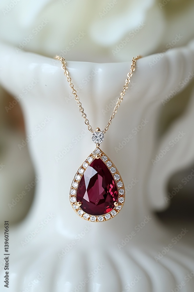 Poster elegant ruby pendant necklace adorned with sparkling diamonds beautifully displayed against a decora