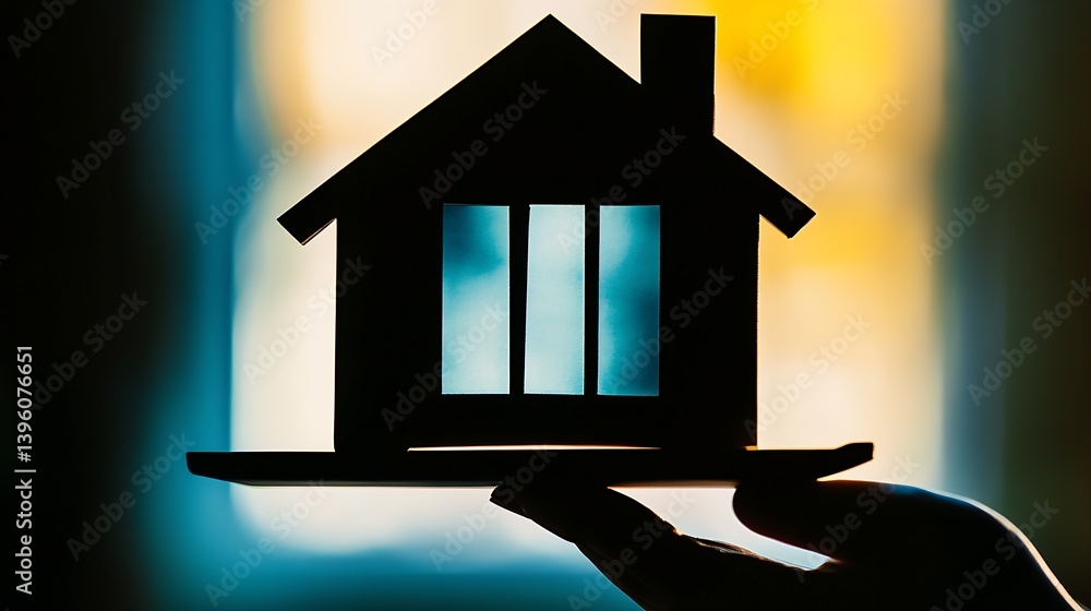 Aufkleber creative silhouette of a house model held in hand against a bright window abstract background : gene