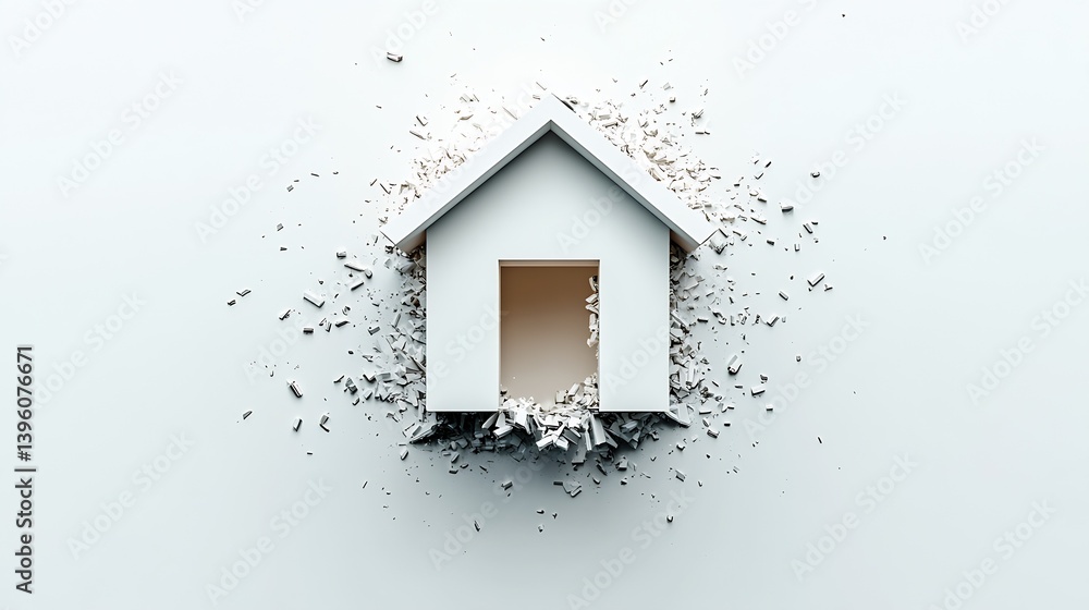 Poster creative white house structure emerging from shattered white material on a clean backdrop representi