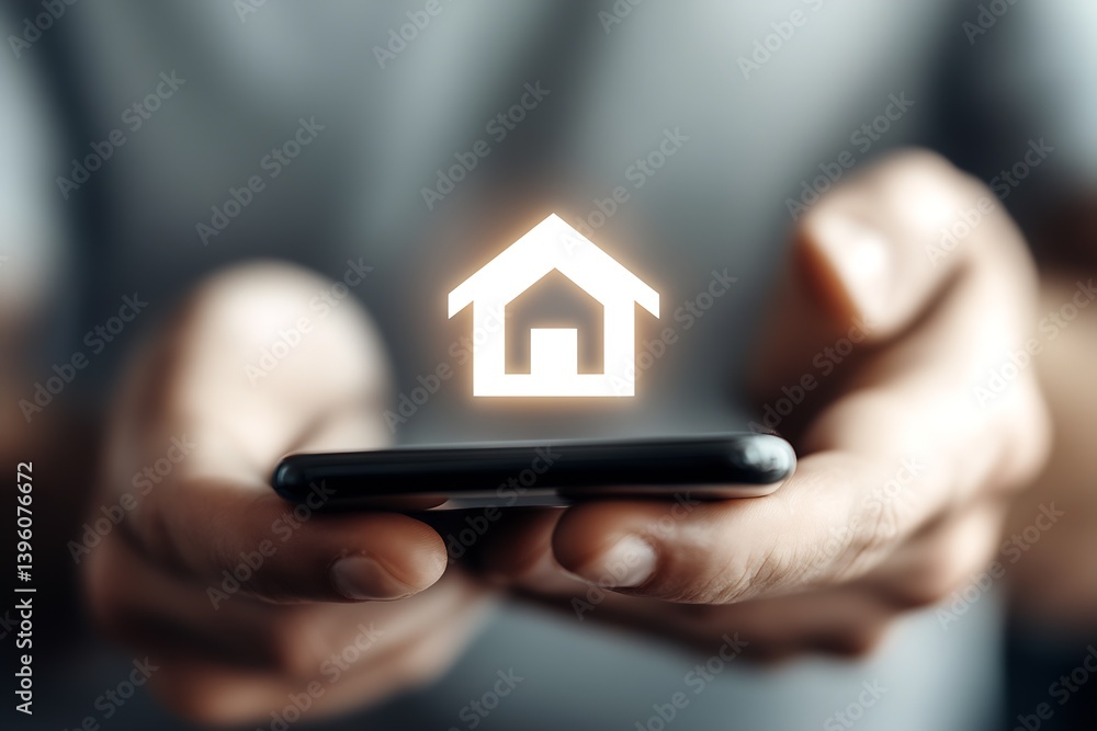 Poster Close-up of a person holding a smartphone displaying a glowing house icon symbolizing home automation concepts : Generative AI