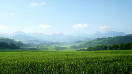 Fototapeta premium Vast Green Field With Distant Mountains Under Clear Sky