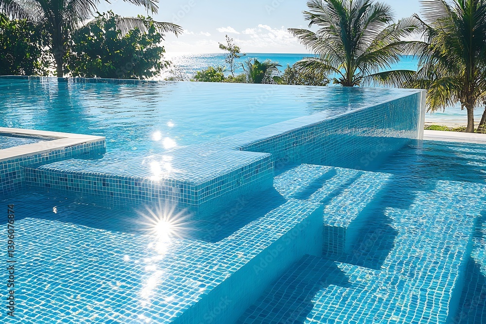 Poster Stunning Infinity Pool Overlooking Ocean with Palm Trees and Sunlight Reflection : Generative AI