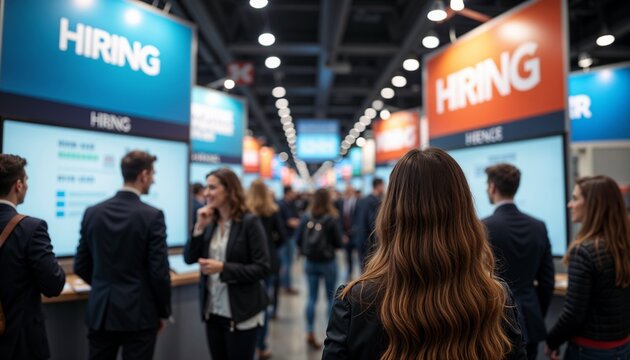 Job fair, Job fair scene with hiring booths attracting professionals and job seekers in a lively environment