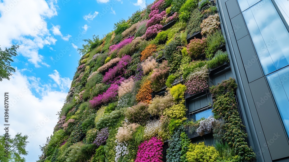 Aufkleber lush vertical garden covered with diverse colorful blooms creating a vibrant urban green space : gen
