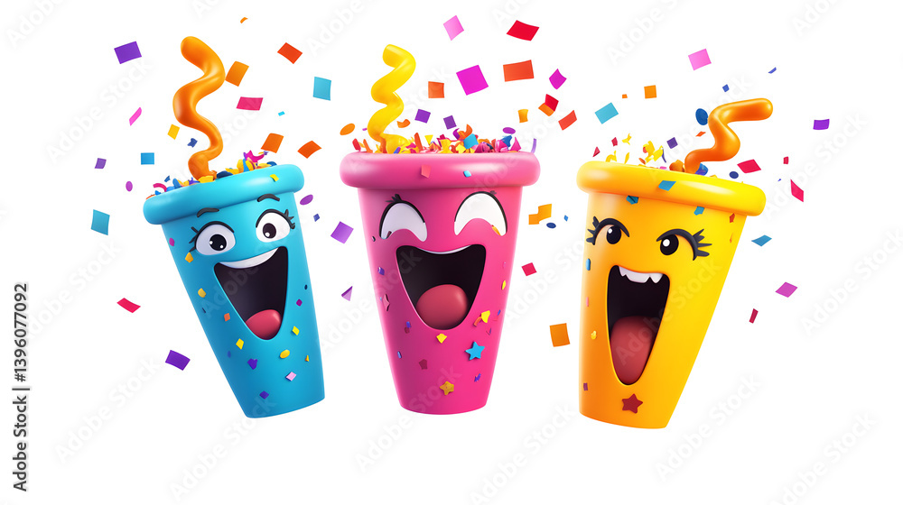Poster three colorful animated cups with cheerful expressions celebrating with confetti and streamers.