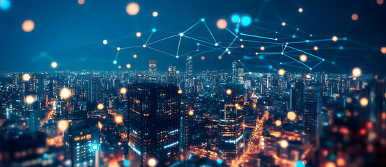 Cityscape at night with network connection overlay