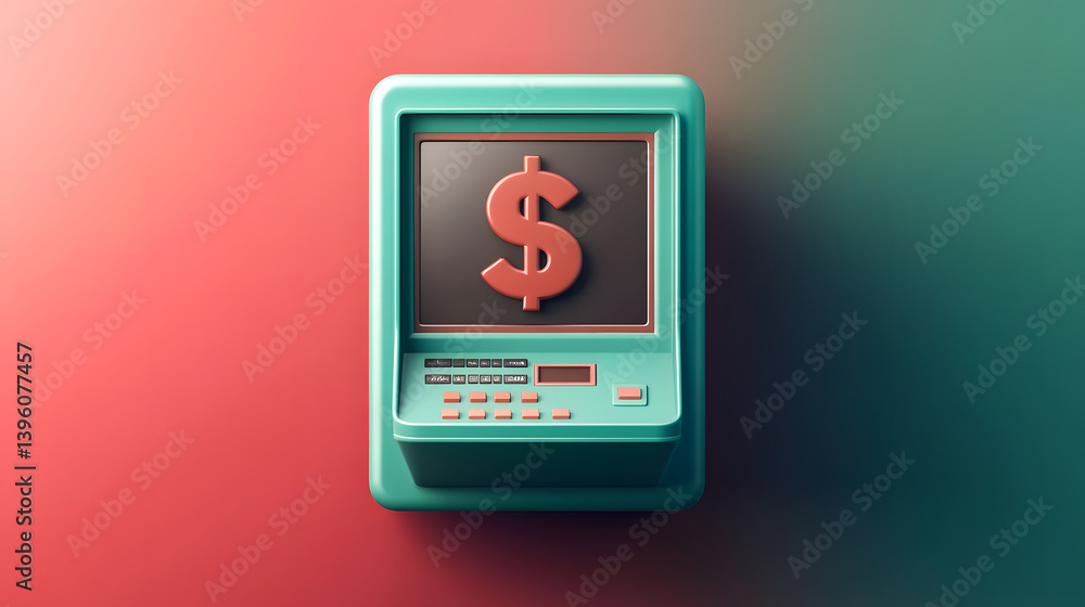 Poster a retro-style computer terminal featuring a dollar sign, symbolizing finance and technology.