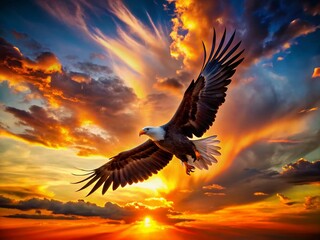 Majestic Eagle Silhouette Soaring, Powerful Wings Spread Wide, Dramatic Sky