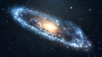 Obraz premium A stunning view of a spiral galaxy illuminated by a warm central core, showcasing vibrant blues and whites against a dark starry backdrop.