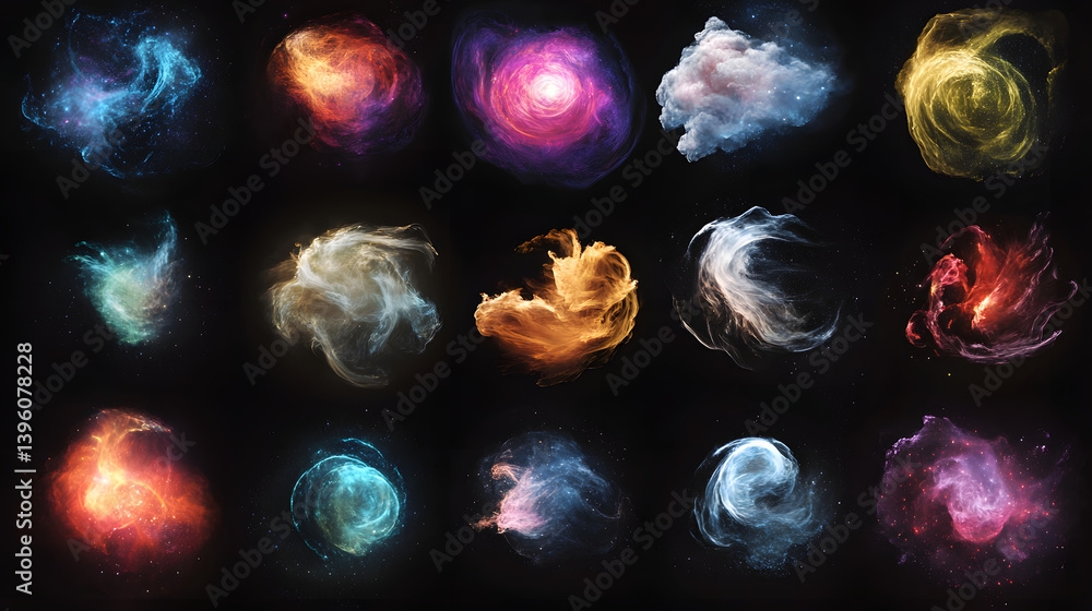 Poster a stunning array of ethereal cosmic clouds showcasing vibrant colors and cosmic textures.