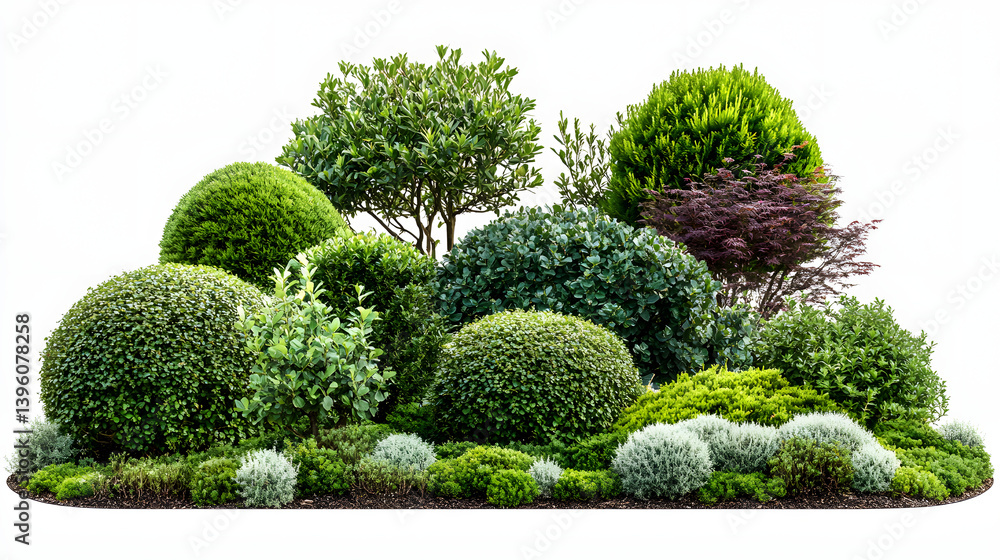 Poster a vibrant display of lush greenery featuring round and textured shrubs, creating a serene and inviti