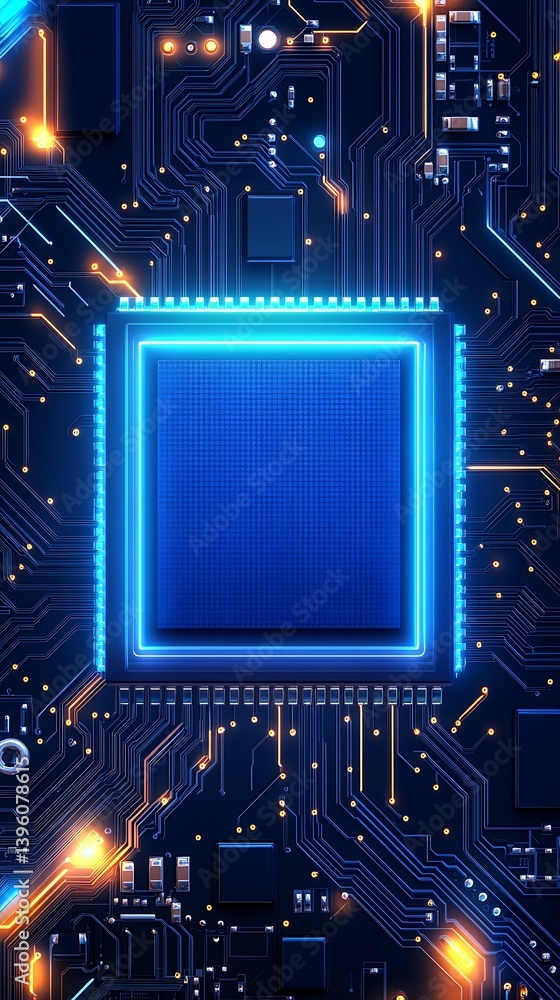 Fototapete Intricate motherboard design showcasing an illuminated microprocessor surrounded by complex circuit paths : Generative AI