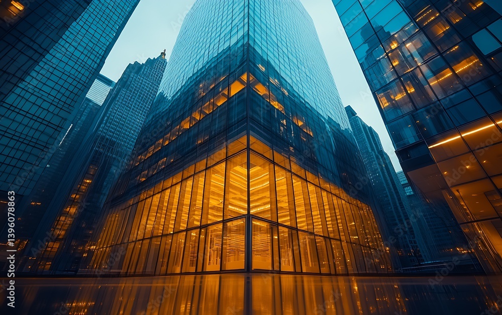 Poster Stunning view of a contemporary city building with unique angles and illuminated glass panels : Generative AI