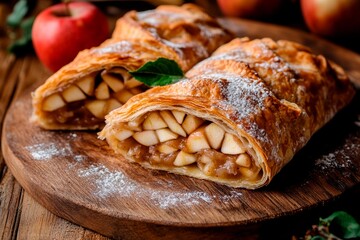 Golden-brown apple strudel with a rich filling of sliced apples and cinnamon, placed on a wooden board. Fresh apples sit nearby, creating a warm atmosphere