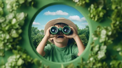 An Excited Child Enthusiastically Exploring Nature with Binoculars in a Beautiful, Lush Environment