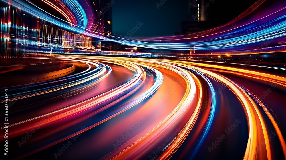 Aufkleber dynamic night scene of light trails showcasing vibrant color patterns on a city road : generative ai