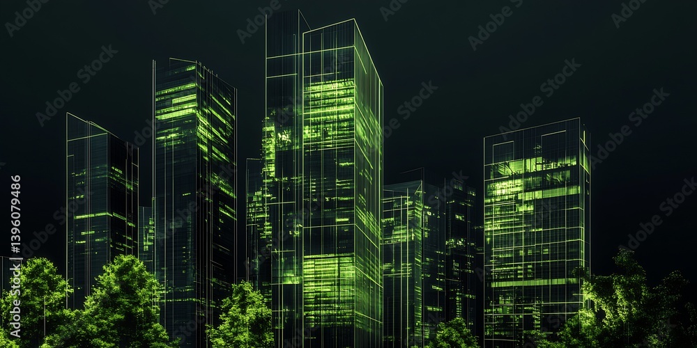 Poster impressive urban skyline with vibrant green illuminated skyscrapers showcasing sustainable architect