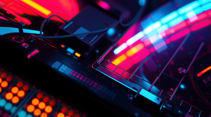 Obraz premium Digital glowing colorful tech background. Abstract design with a futuristic tech aesthetic, ideal for illustrating network systems, AI algorithms, and cybersecurity layers.