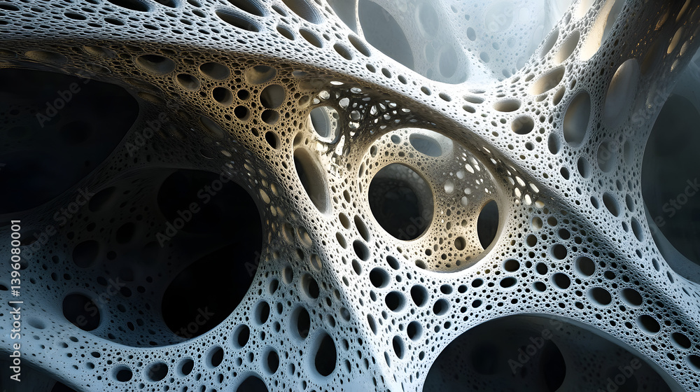 Poster intricate white and gray fractal pattern showcasing organic shapes and deep cavities, creating a sur