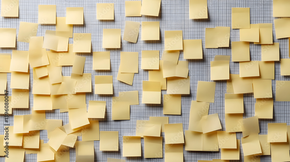 Poster a vibrant array of yellow sticky notes scattered across a grid paper background.