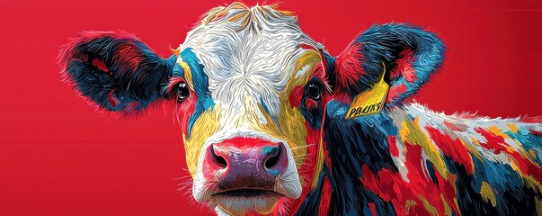 Obraz premium Vividly Colored Cow Portrait with Stylized Artistic Presentation on Red Background