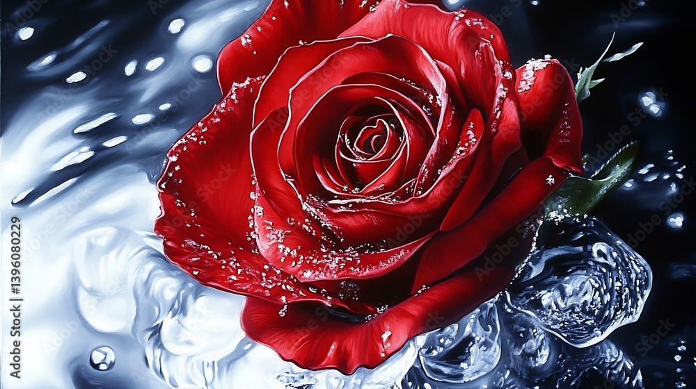 Poster detailed view of a luscious red rose surrounded by water droplets and swirling water adding elegance