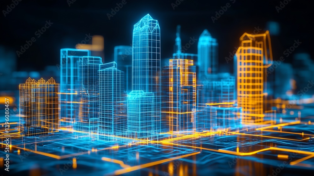Poster vibrant neon cityscape featuring glowing buildings and a futuristic digital design in a dynamic urba