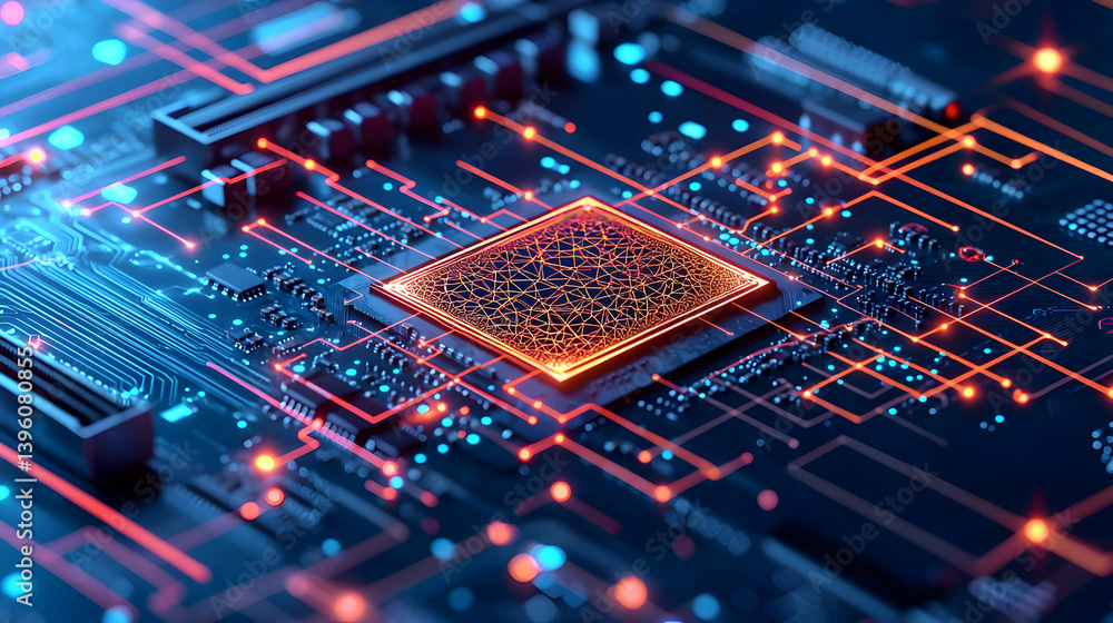 Poster closeup of glowing circuit board with microchip
