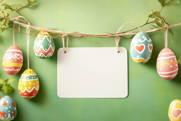 Colorful Easter egg garland on a green background with a blank card for personal greetings