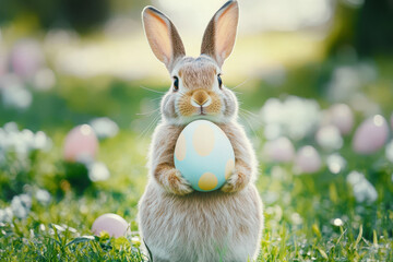 Bunny holding a colorful Easter egg sign in a cheerful spring setting with pastel decorations