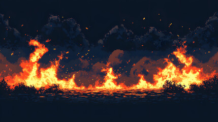 A vibrant pixel art depiction of a raging fire against a dark night sky, creating an intense and dramatic atmosphere.