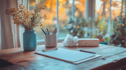A cozy therapy session setup with a clipboard, pen, and a box of tissues on a wooden table in a well-lit room