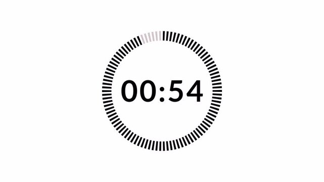 One minute countdown animation from 60 seconds to 0 second with alpha channel, 1 minute countdown timer on transparent background, one minute countdown video