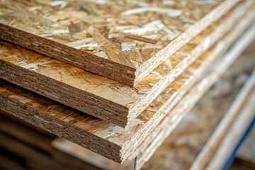 Close up of eco friendly osb, chipboard, and plywood sheets for construction projects