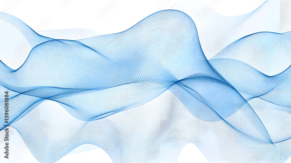 Poster a serene wave of blue lines flowing gracefully across a minimal white background, creating a calm an