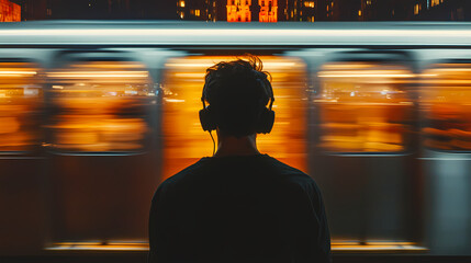 Young man listening music with headphones while watching moving train at night