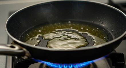 Golden oil shimmering in a hot pan, ready to sizzle and create culinary magic on a blue gas flame.