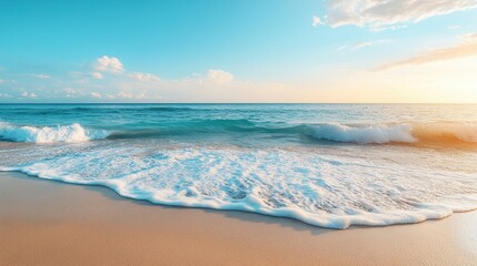 A serene beach with gentle waves touching the shore, representing peace, relaxation, and mental clarity