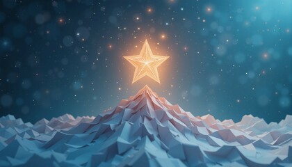 Paper star rising above horizon, destiny metaphor, soft ethereal lighting
