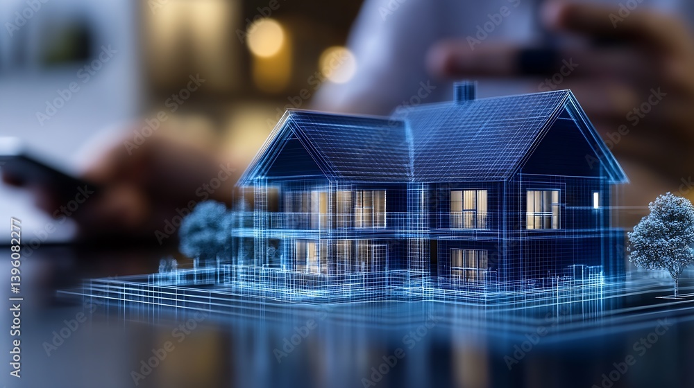 Poster Close-up of a high-tech virtual house model being developed on a tablet emphasizing modern architecture : Generative AI