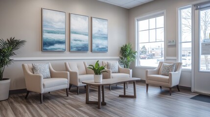 A therapy waiting room with comfortable chairs, soft lighting, and artwork that promotes relaxation