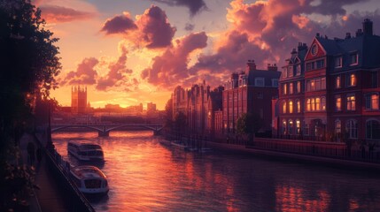 Sunset-lit river and buildings create peaceful urban scene in London. 