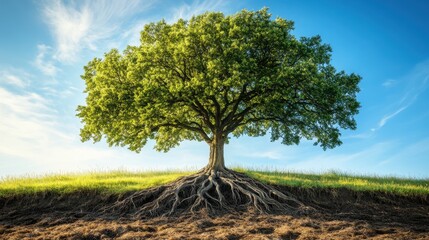 A tree with deep roots and strong branches standing alone in a field, symbolizing resilience and personal growth